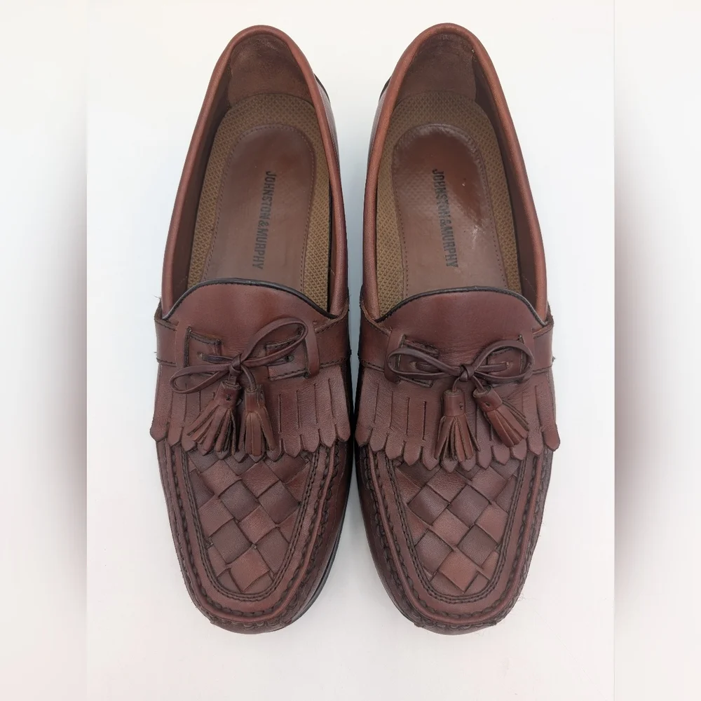 Johnston & Murphy Classic Woven Loafer Sz 12M Genuine Brown Leather With Tassels